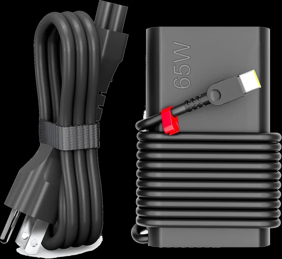 65W USB-C laptop charger with a coiled power cable