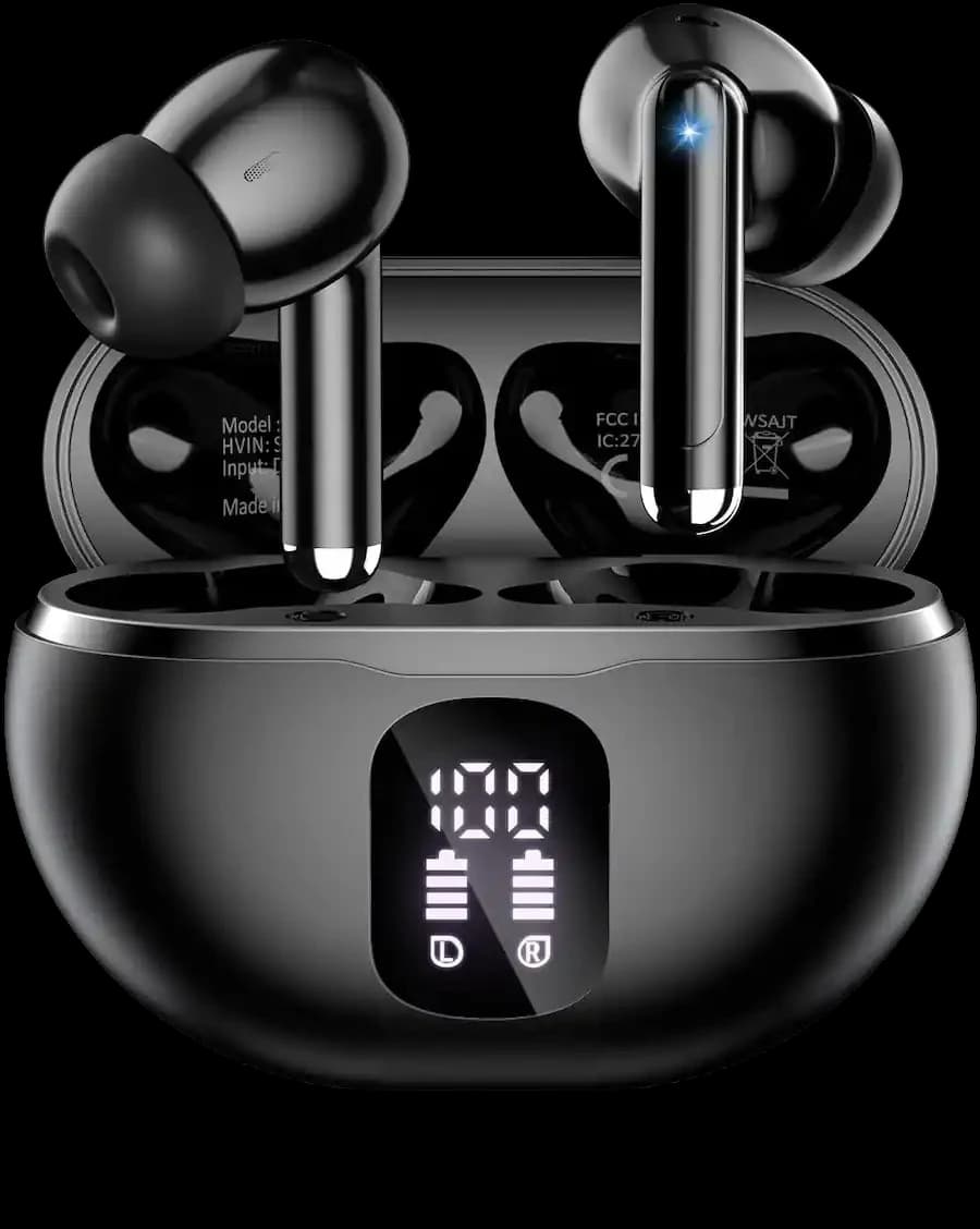 Wireless earbuds resting in an open charging case